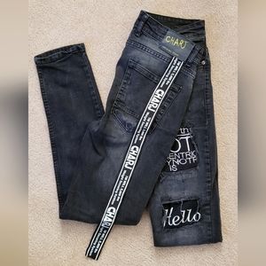 Charj Slim Fit black patch distressed mens skinny jeans 32